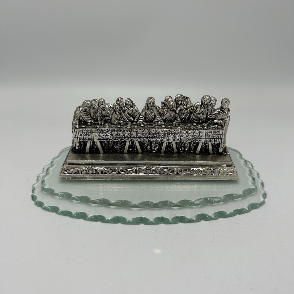 Vintage The Last Supper Silvertone Resin Jesus Apostles Christian Figurine Glass